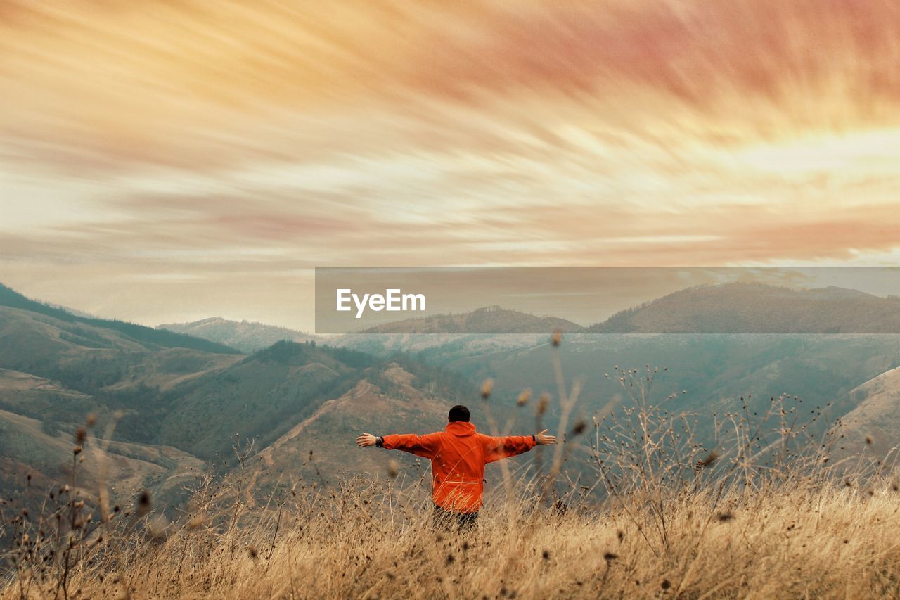 Rear view of man standing by plants against mountains and sky