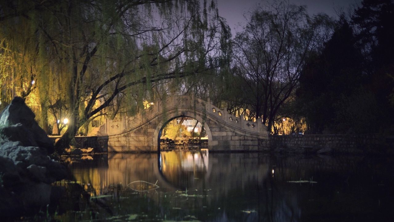 Bridge over lake at night