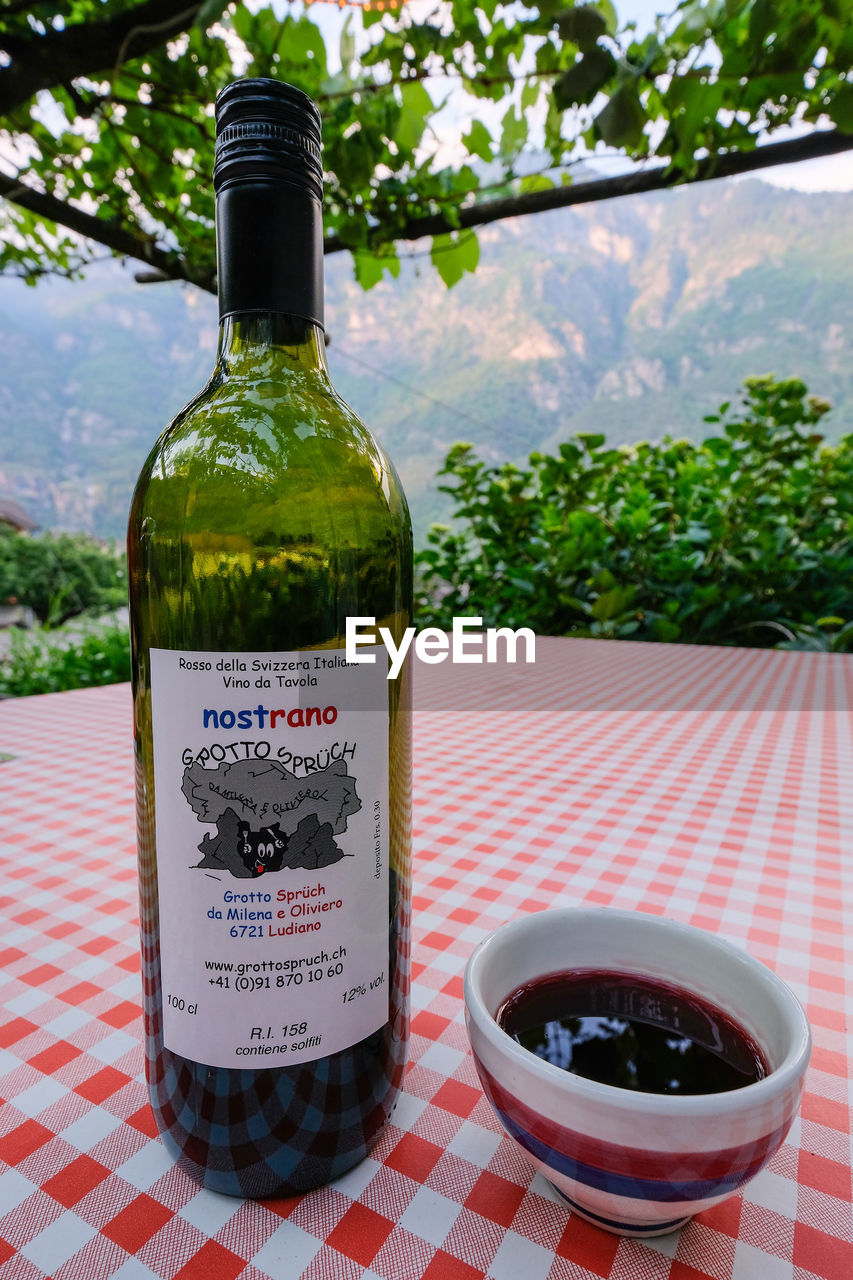 CLOSE-UP OF WINE GLASS ON TABLE AGAINST TREES