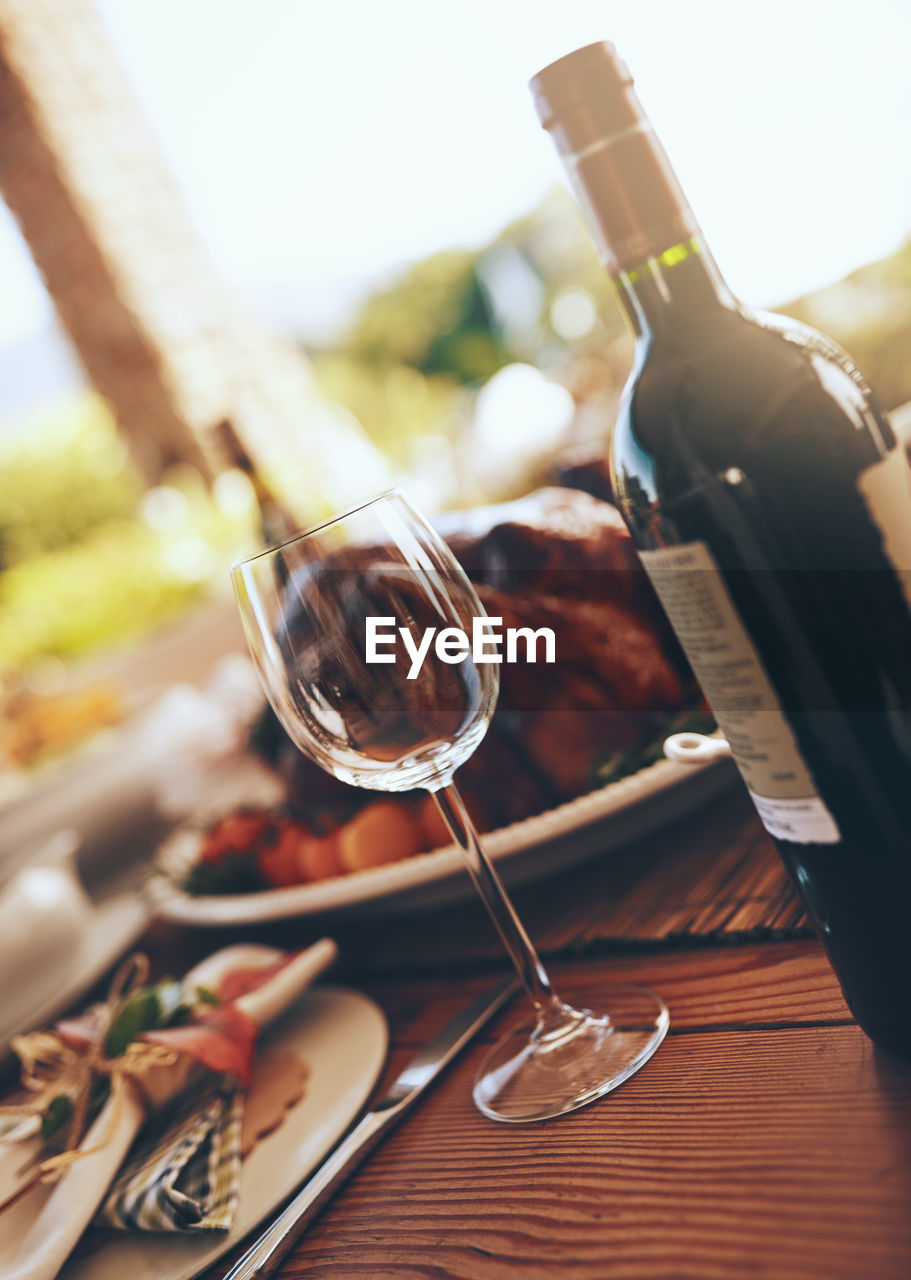 high angle view of wine bottles on table