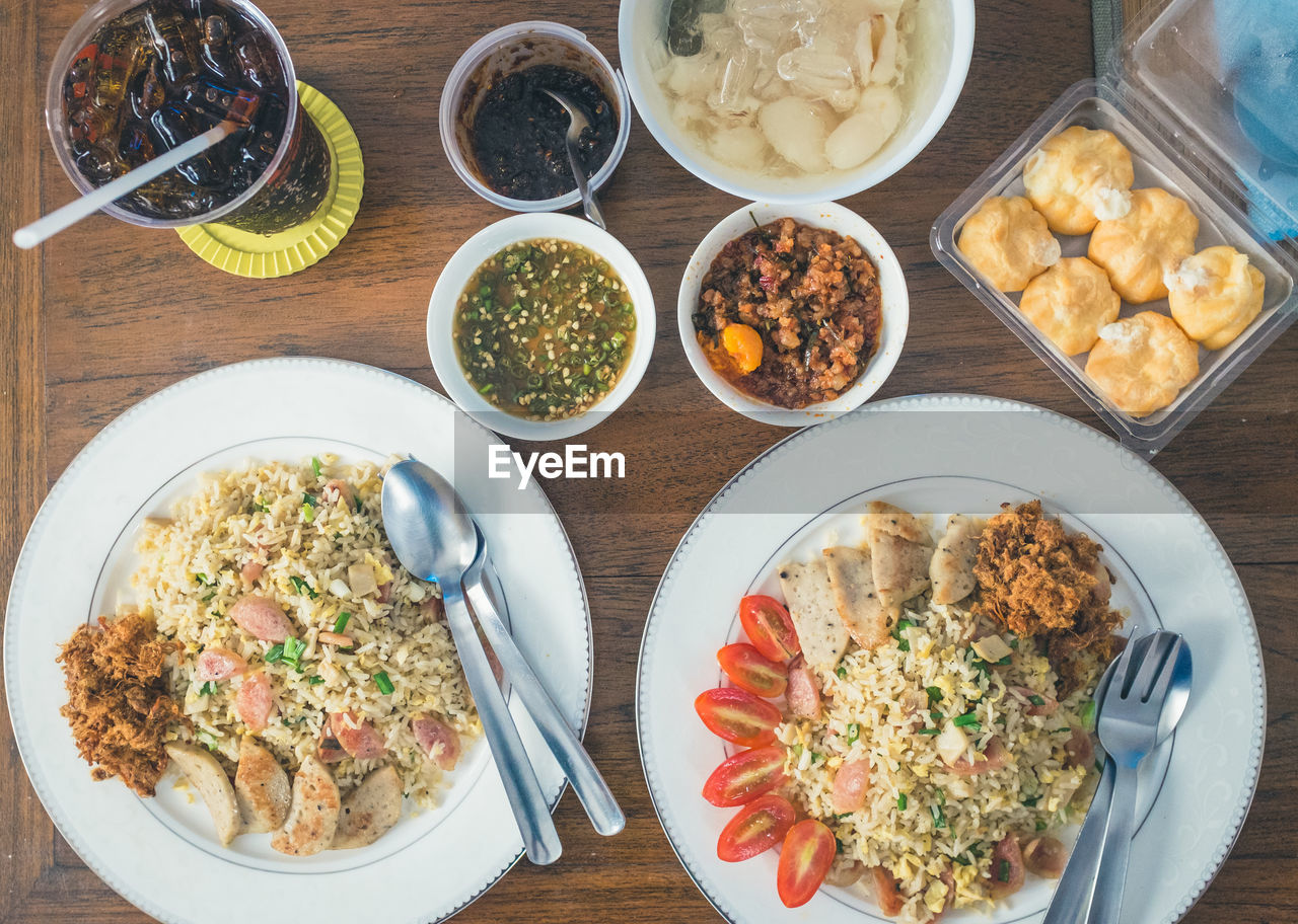 Directly above shot of meal served on table