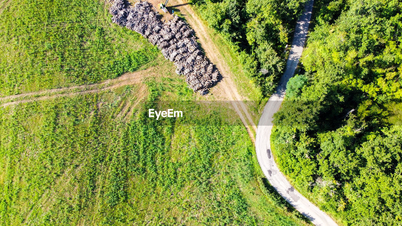 Aerial view of a countryside road between meadows and trees in emilia romagna region, italy