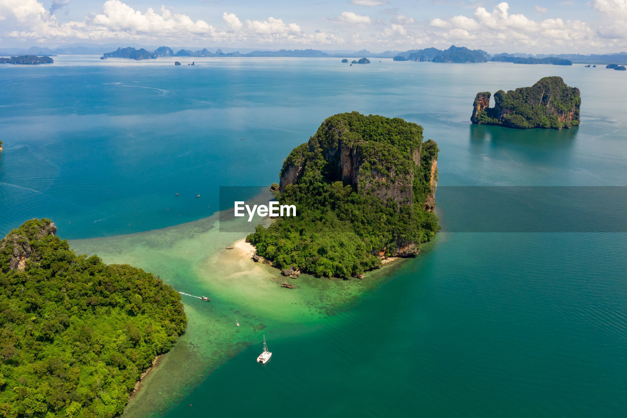 Landscape aerial view islands of the sea and boat tourists kra bi thailand