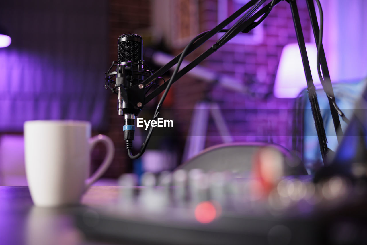 close-up of microphone in cafe