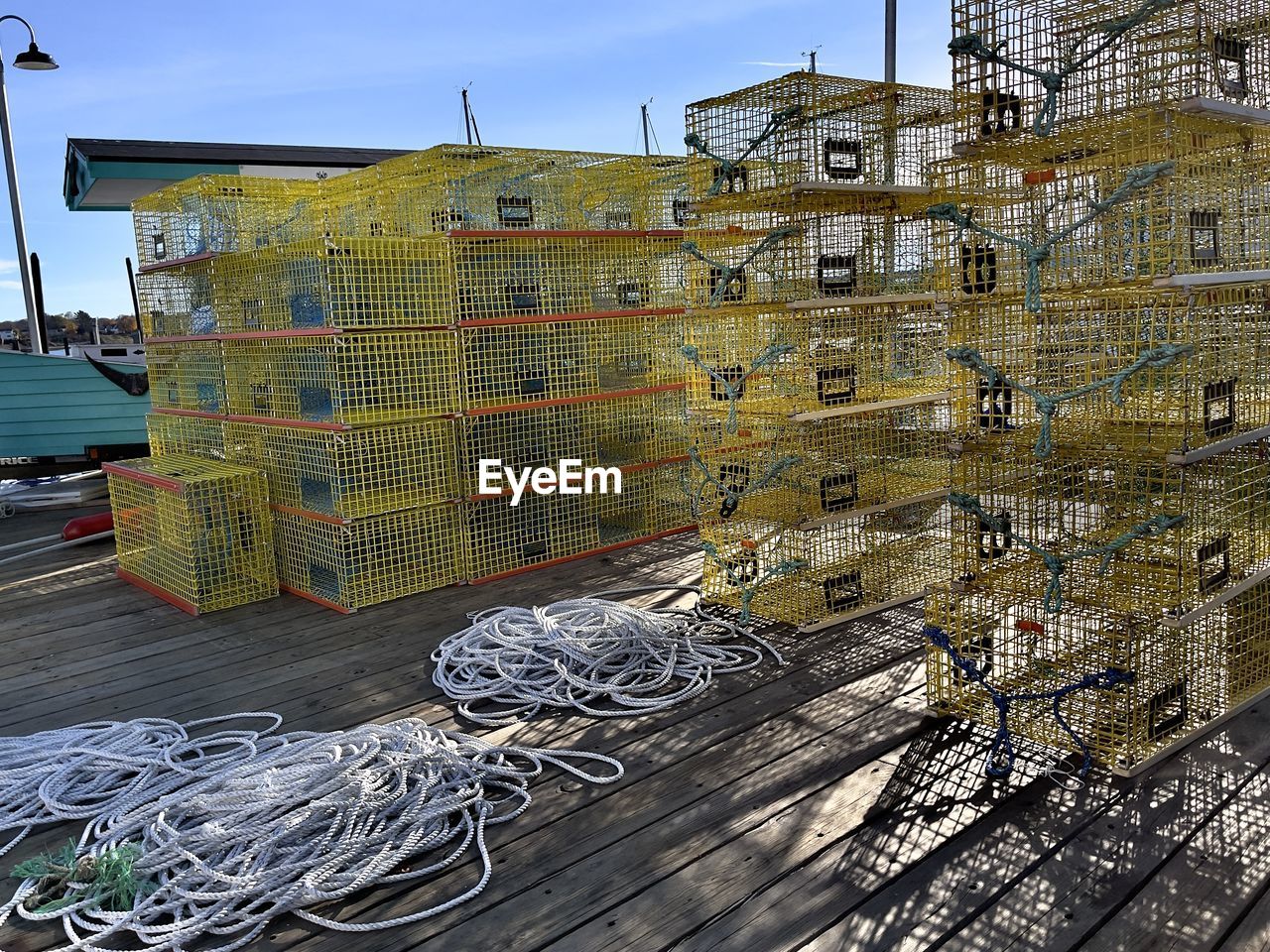 Dock full of lobster traps in maine. 