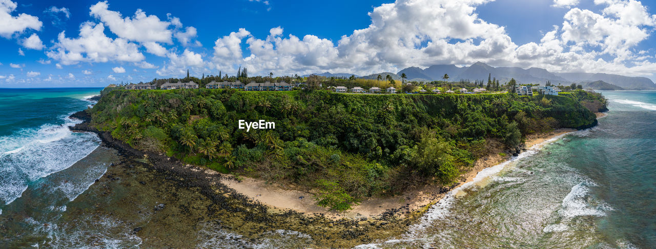 Aerial panoramic image off the coast over princeville and the kenomene ocean sunset overlook kauai