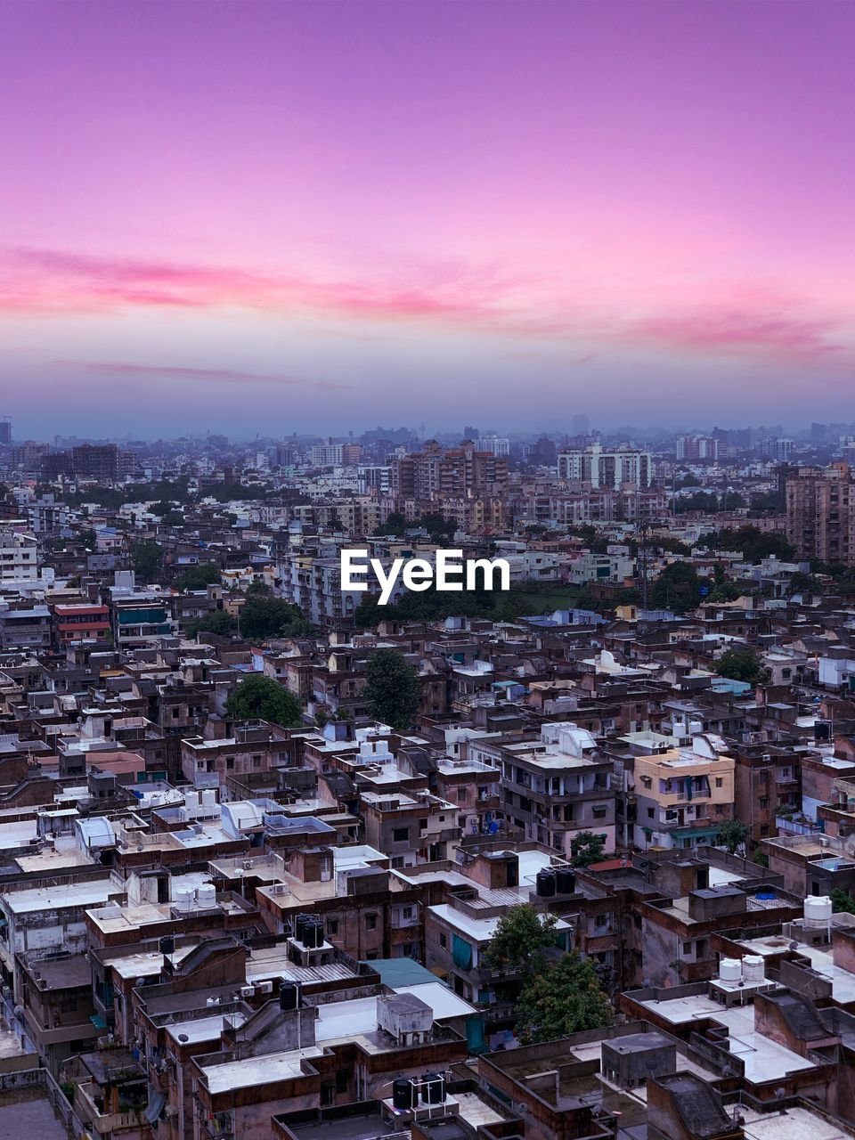 High angle view of townscape against sky during sunset