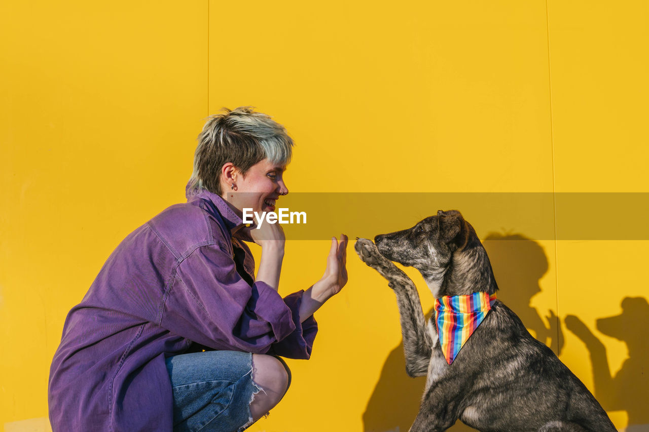 Happy lesbian woman giving high-five to dog in front of yellow wall