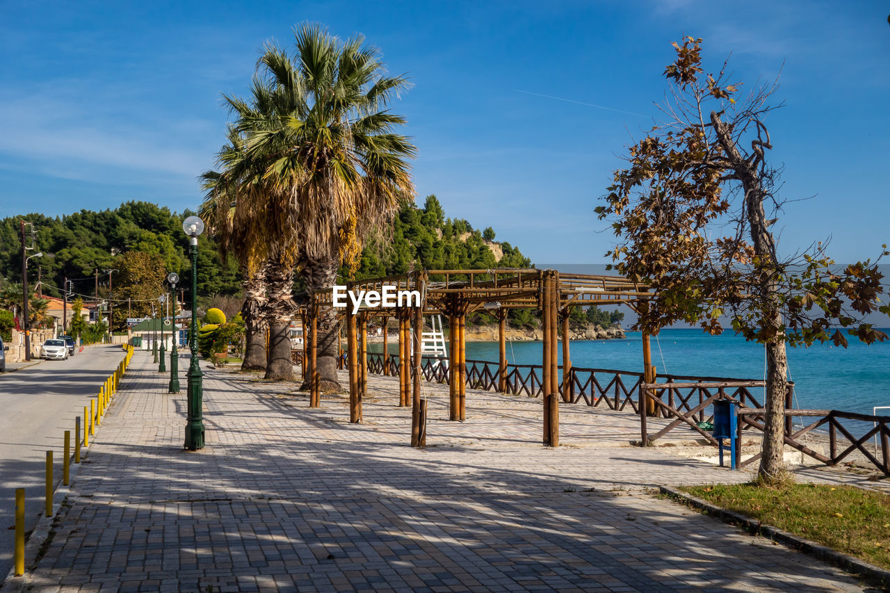 tree, vacation, walkway, water, sky, nature, tropical climate, plant, beach, palm tree, sea, travel destinations, shore, boardwalk, land, architecture, coast, sunlight, travel, blue, beauty in nature, day, scenics - nature, outdoors, trip, holiday, no people, tranquility, tourism, resort, footpath, sunny, cloud, shadow, body of water, estate, built structure, tranquil scene, ocean, wood, city, sand, summer, environment, landscape, transportation, coconut palm tree, seat, idyllic, tropical tree