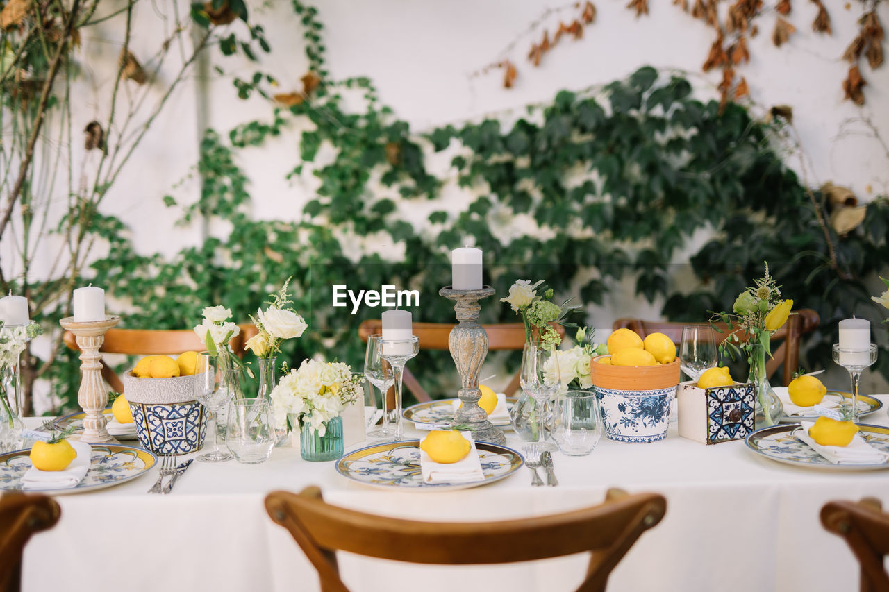 High angle view of breakfast on table