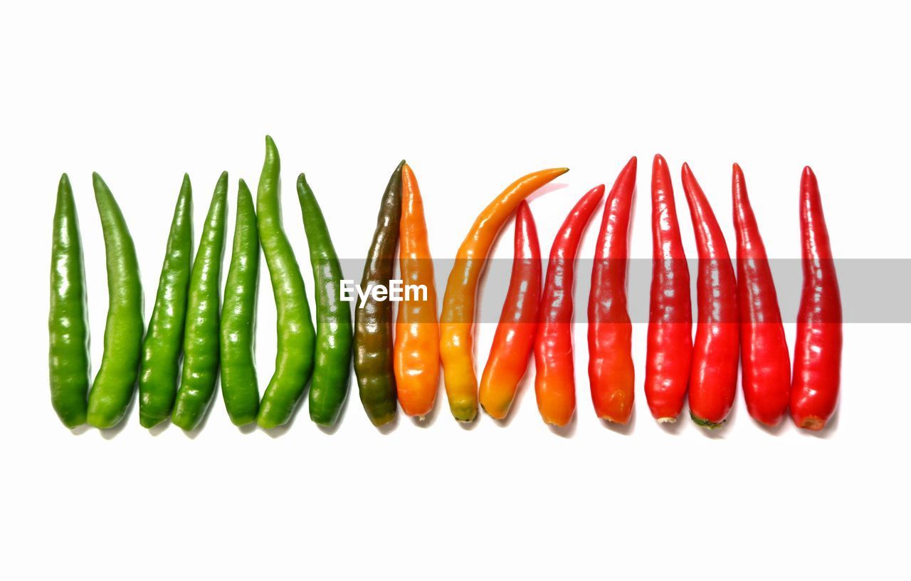 CLOSE-UP OF RED CHILI PEPPER AGAINST WHITE BACKGROUND