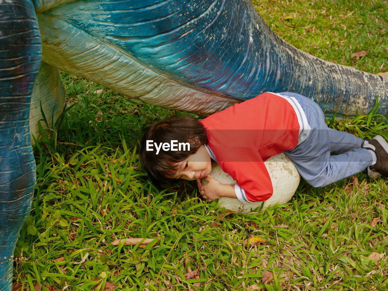 High angle view of girl lying on field