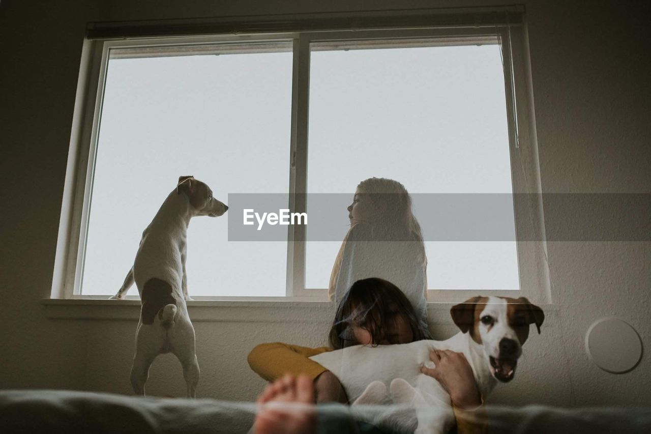 REAR VIEW OF WOMAN SITTING WITH DOG ON FLOOR AT HOME