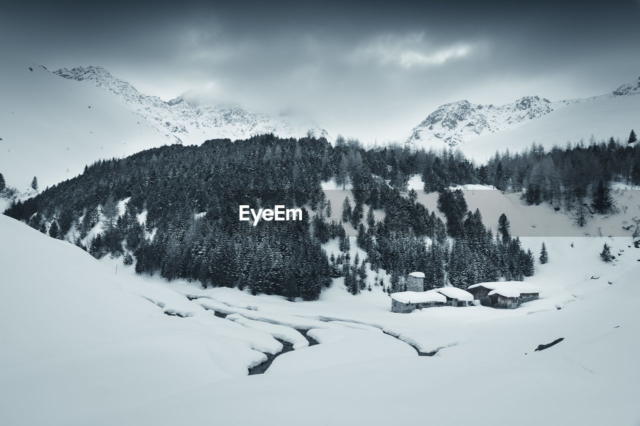 SNOW COVERED LANDSCAPE AGAINST SKY