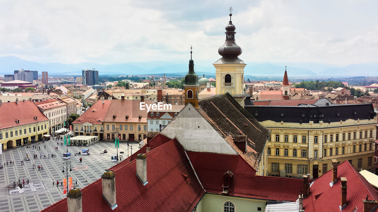 High angle view of town against sky