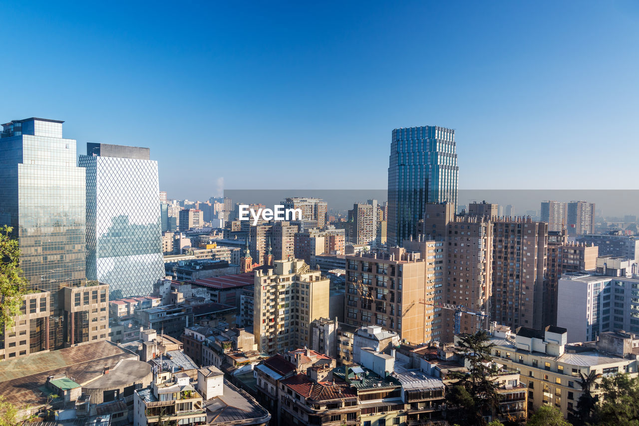 High angle view of cityscape against clear sky