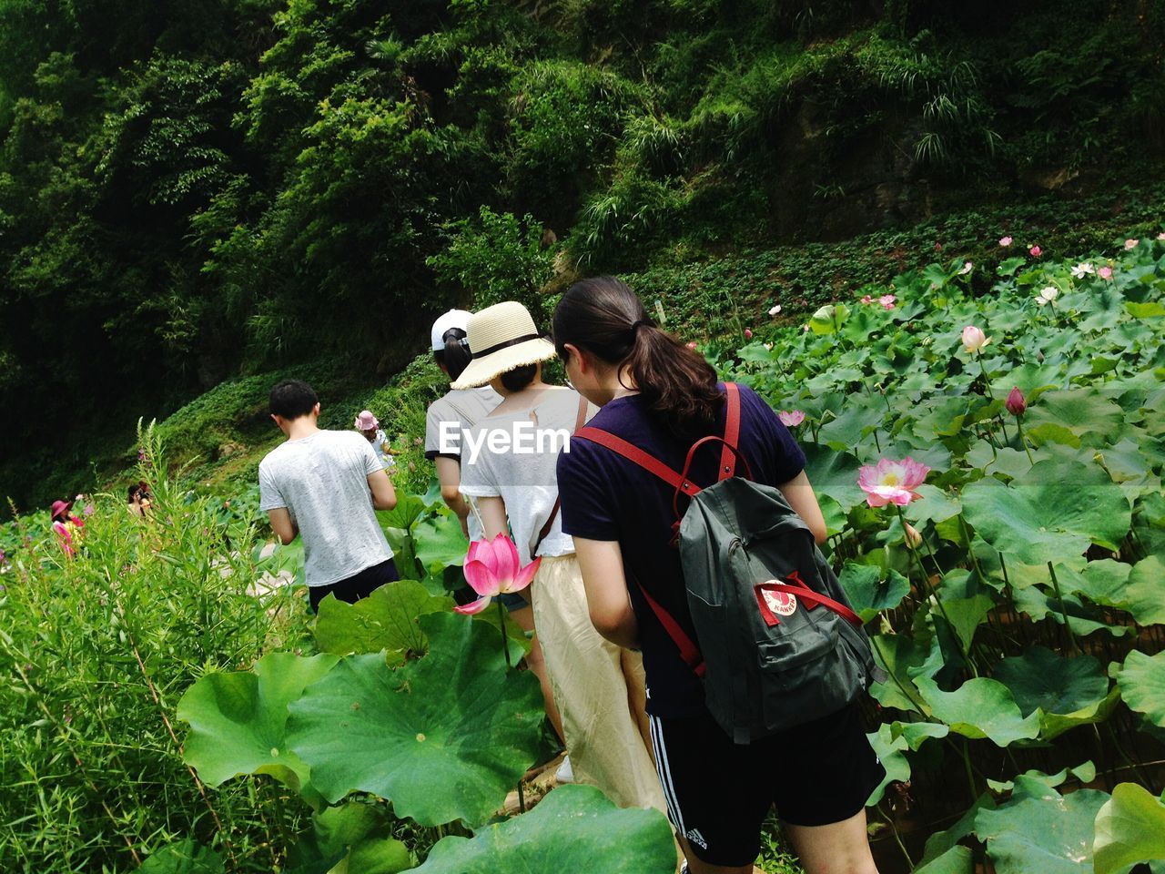 REAR VIEW OF COUPLE STANDING IN FIELD