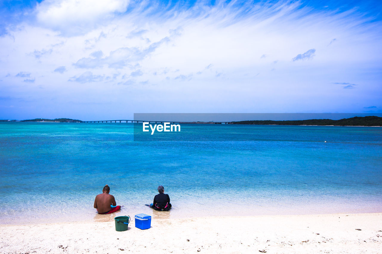 Rear view of men sitting on shore at beach against sky