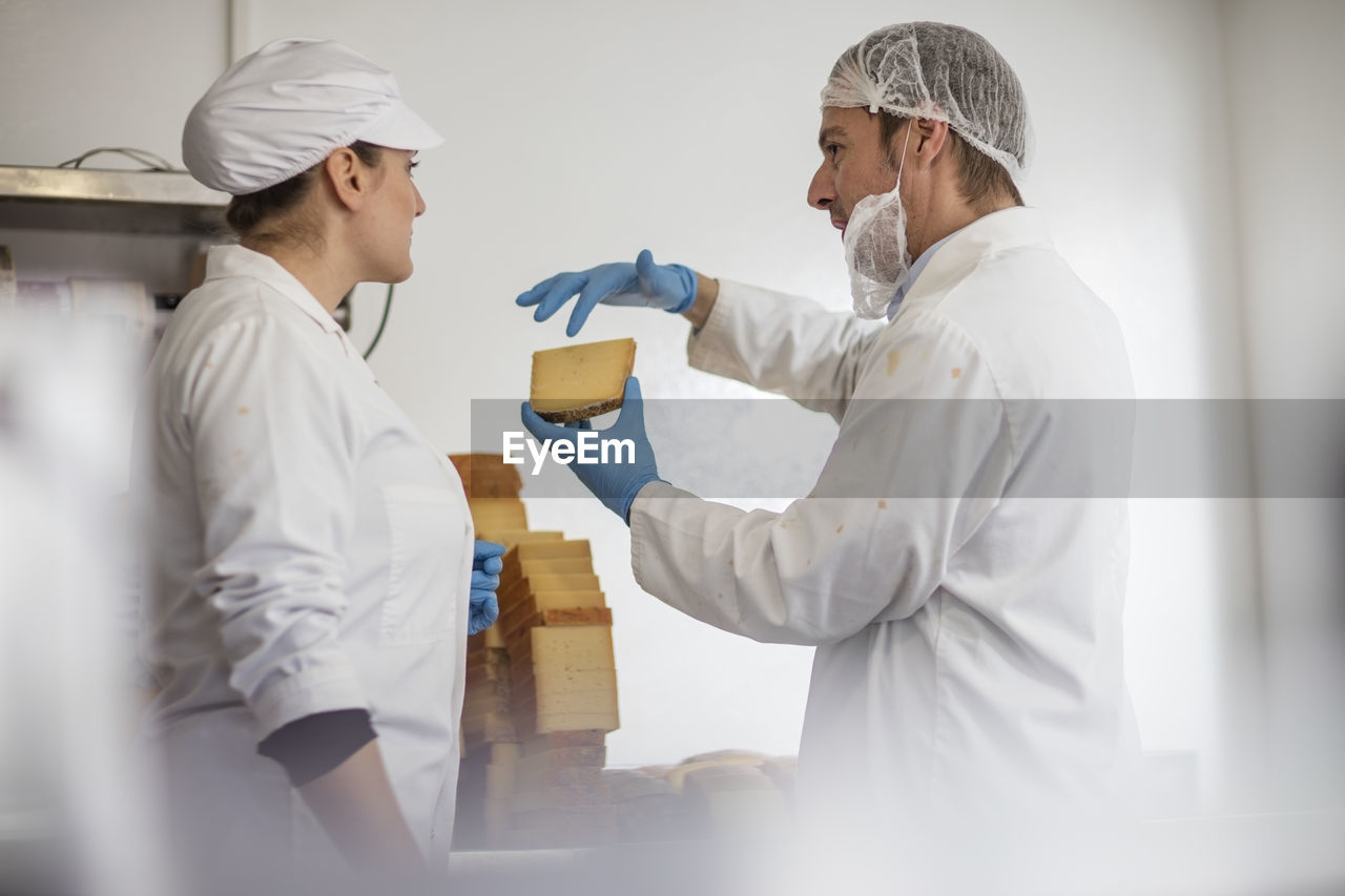 Cheese factory workers testing quality of cheese