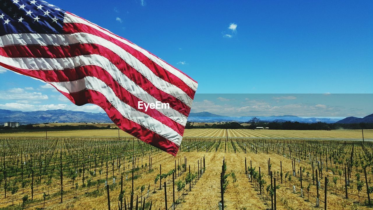 American flag against farm