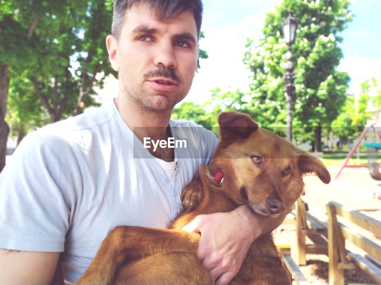 PORTRAIT OF MAN WITH DOG ON TREE