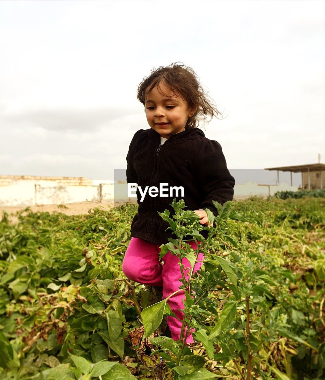 Girl amidst plants on field against sky