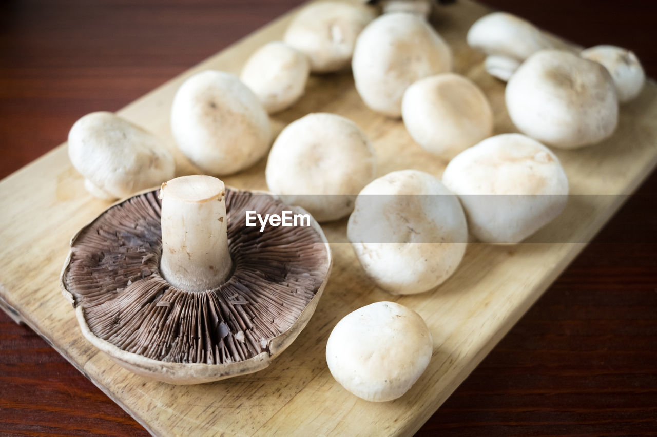 CLOSE-UP OF MUSHROOMS ON TABLE