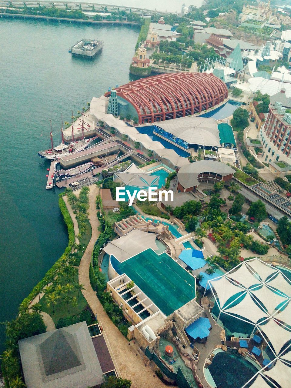 High angle view of city by sea