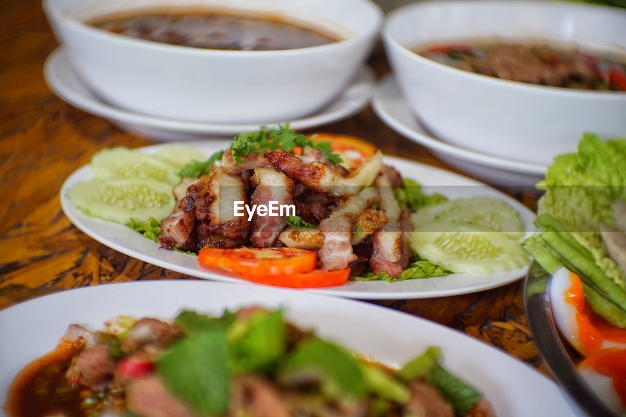 Close-up of meal served on table