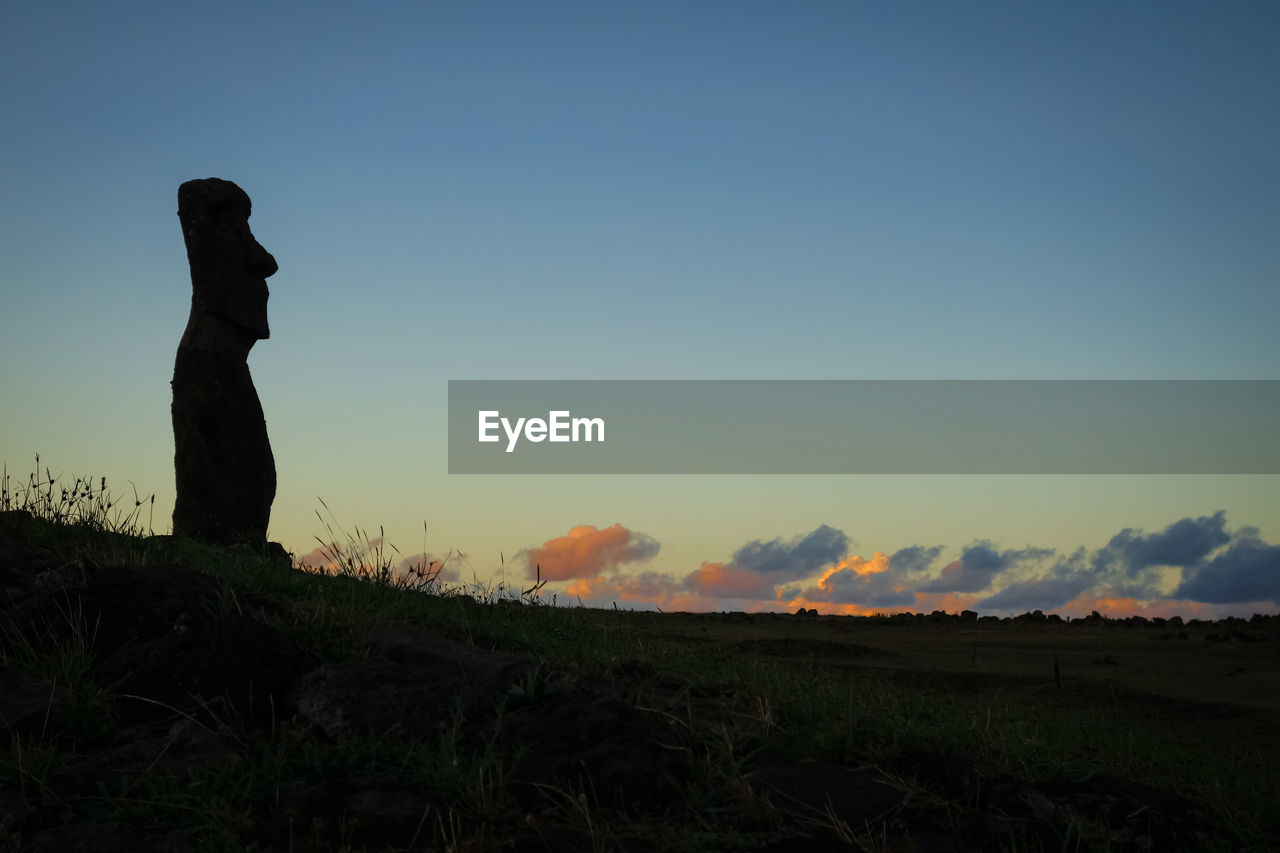 SILHOUETTE OF MAN STANDING ON FIELD AGAINST SKY