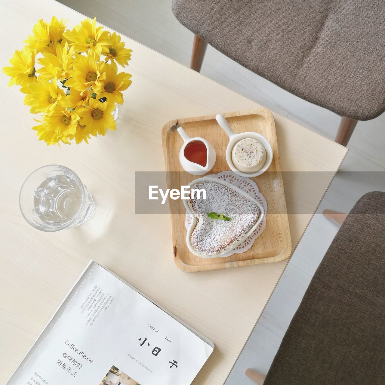 High angle view of food and drink on table