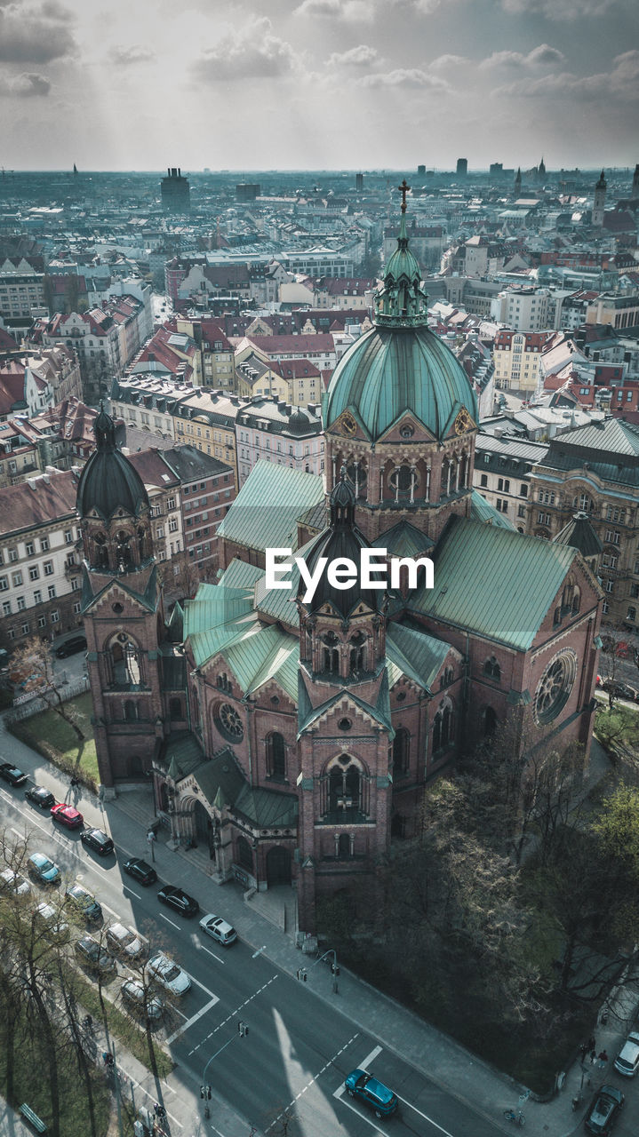 Aerial view of st. lukas church and in the background munich cit