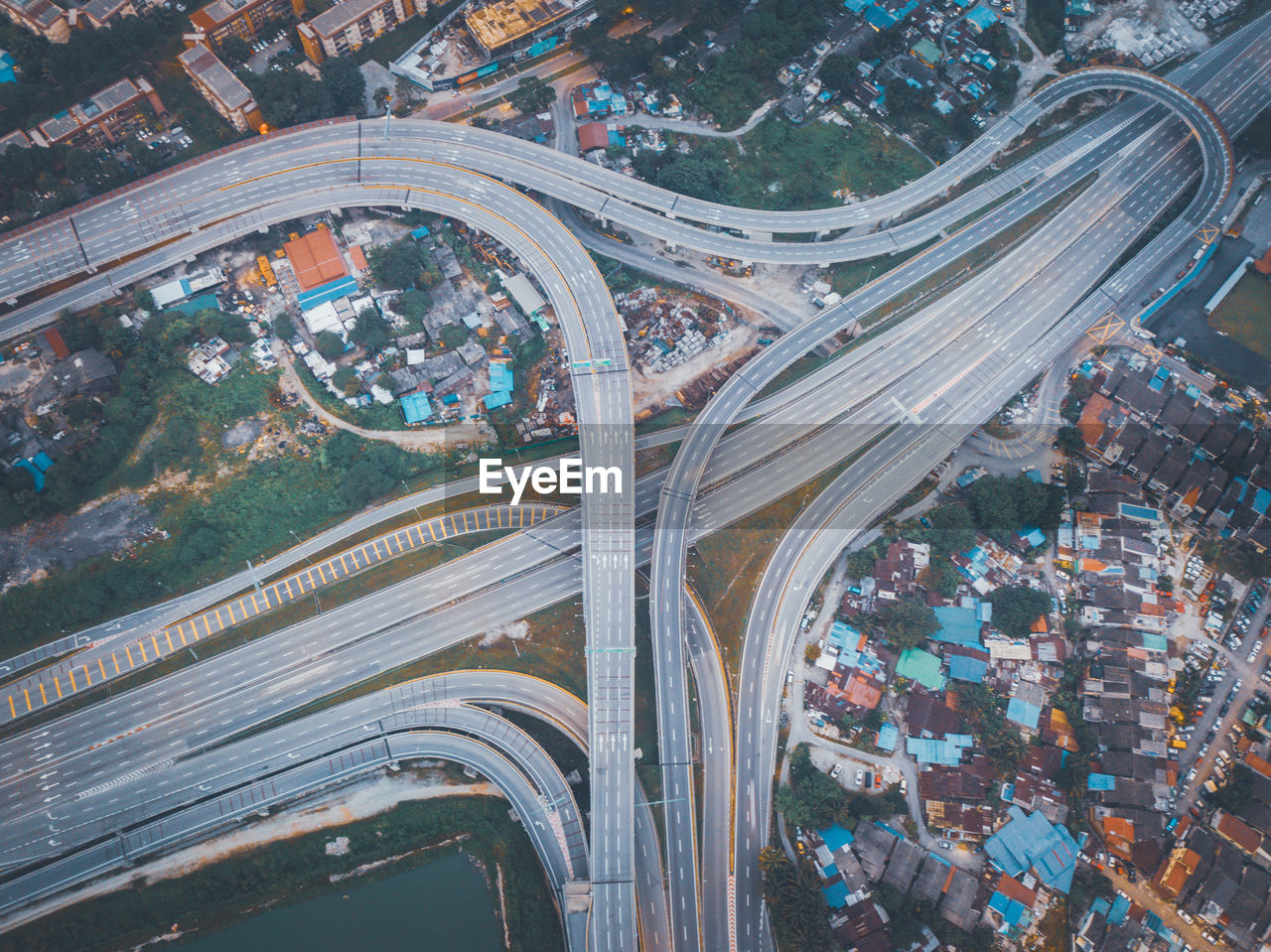 Aerial view of multiple lane highway in city