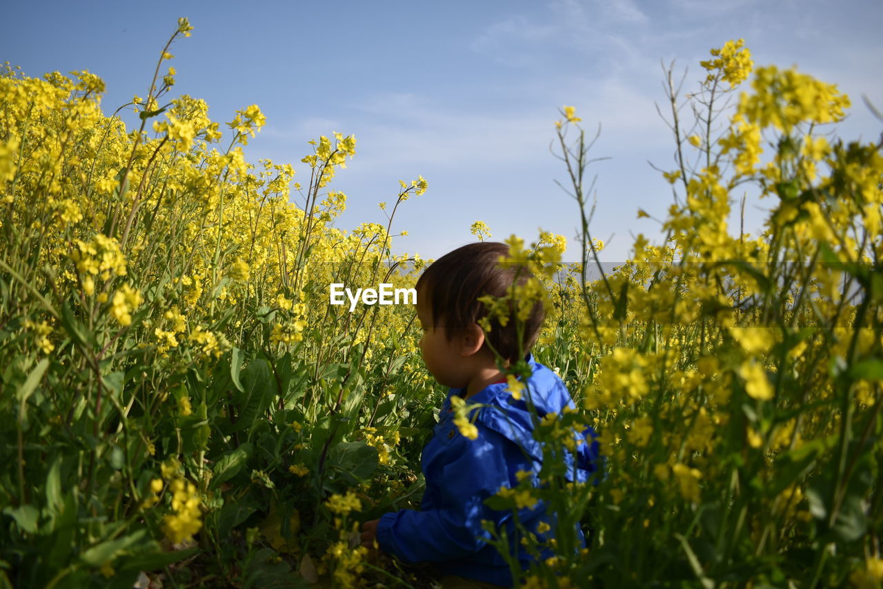 Baby with yellow flowers on field