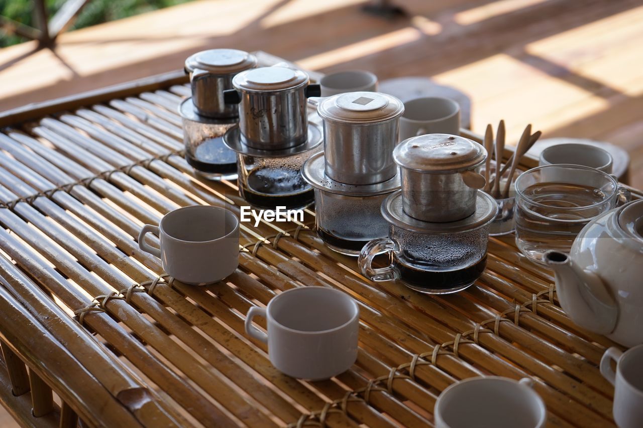 Close-up of tea cups on table