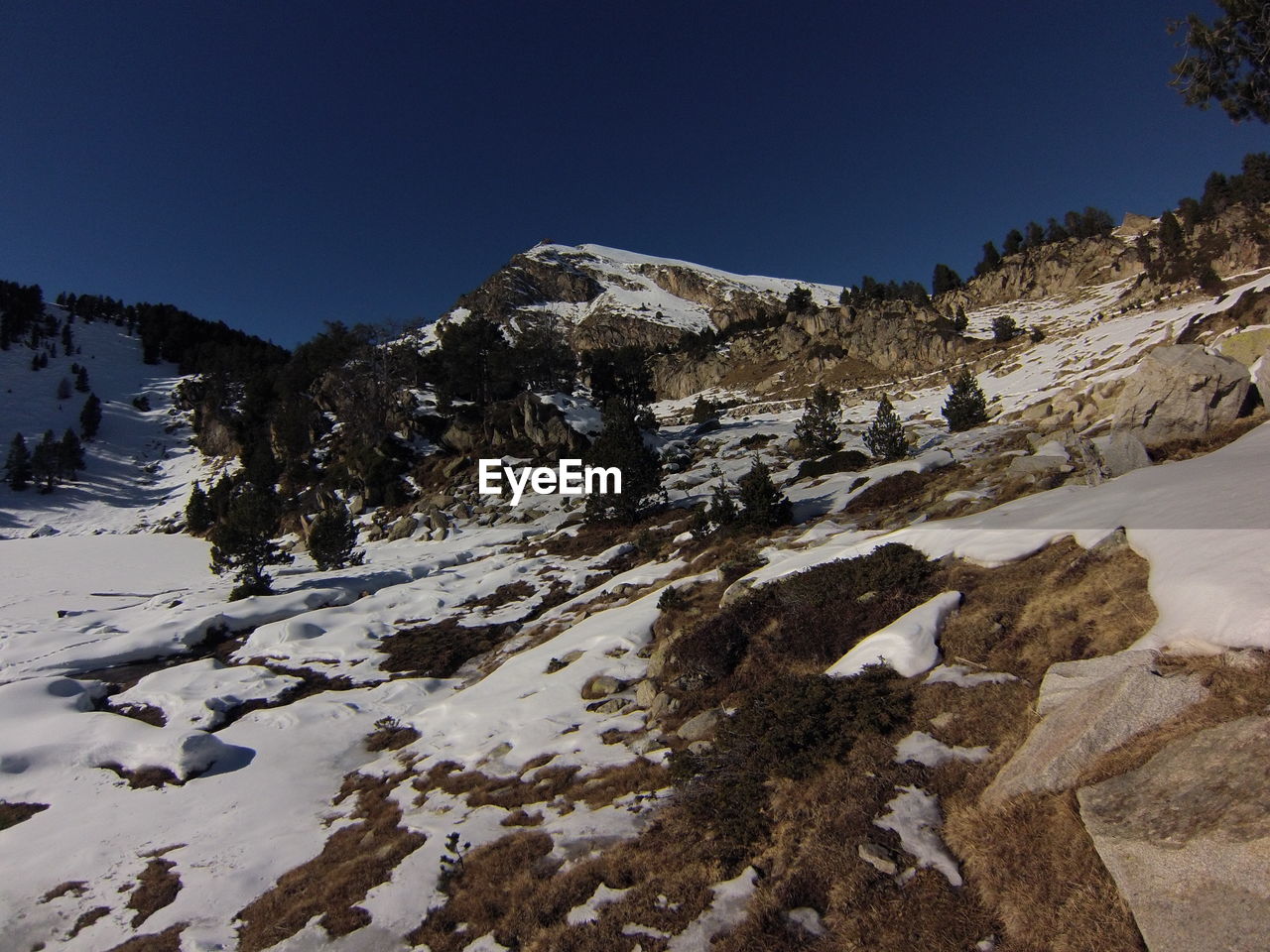 Scenic view of snow covered mountain against clear sky