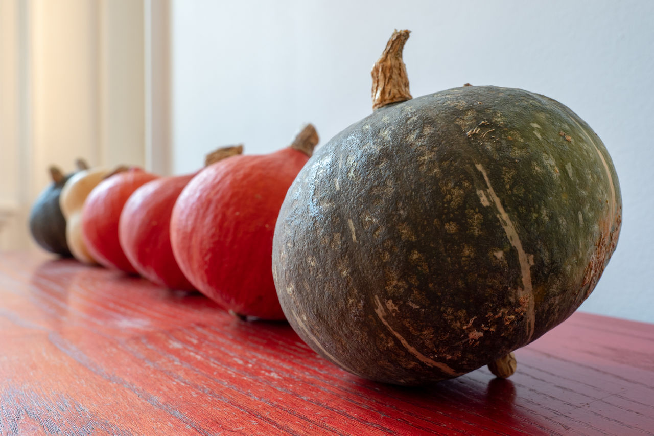A row of pumpkins on red wooden table