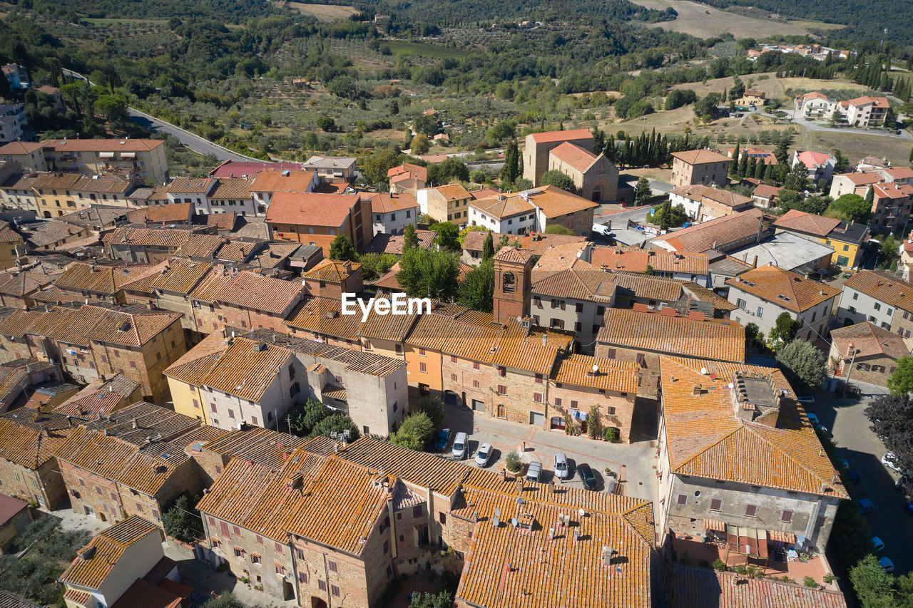 Close-up aerial view of the town of gambassi terme in tuscany