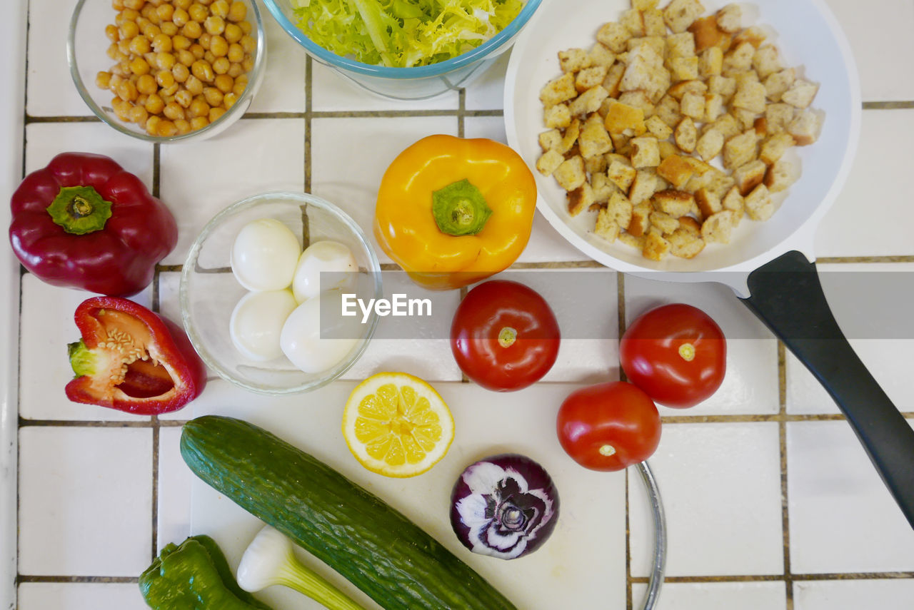 High angle view of ingredients on kitchen counter