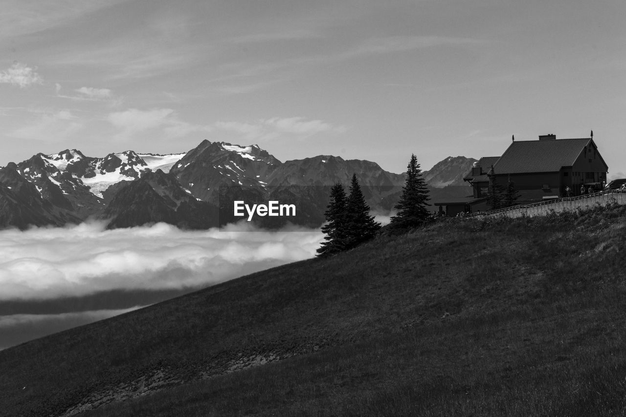 Houses on mountain against sky