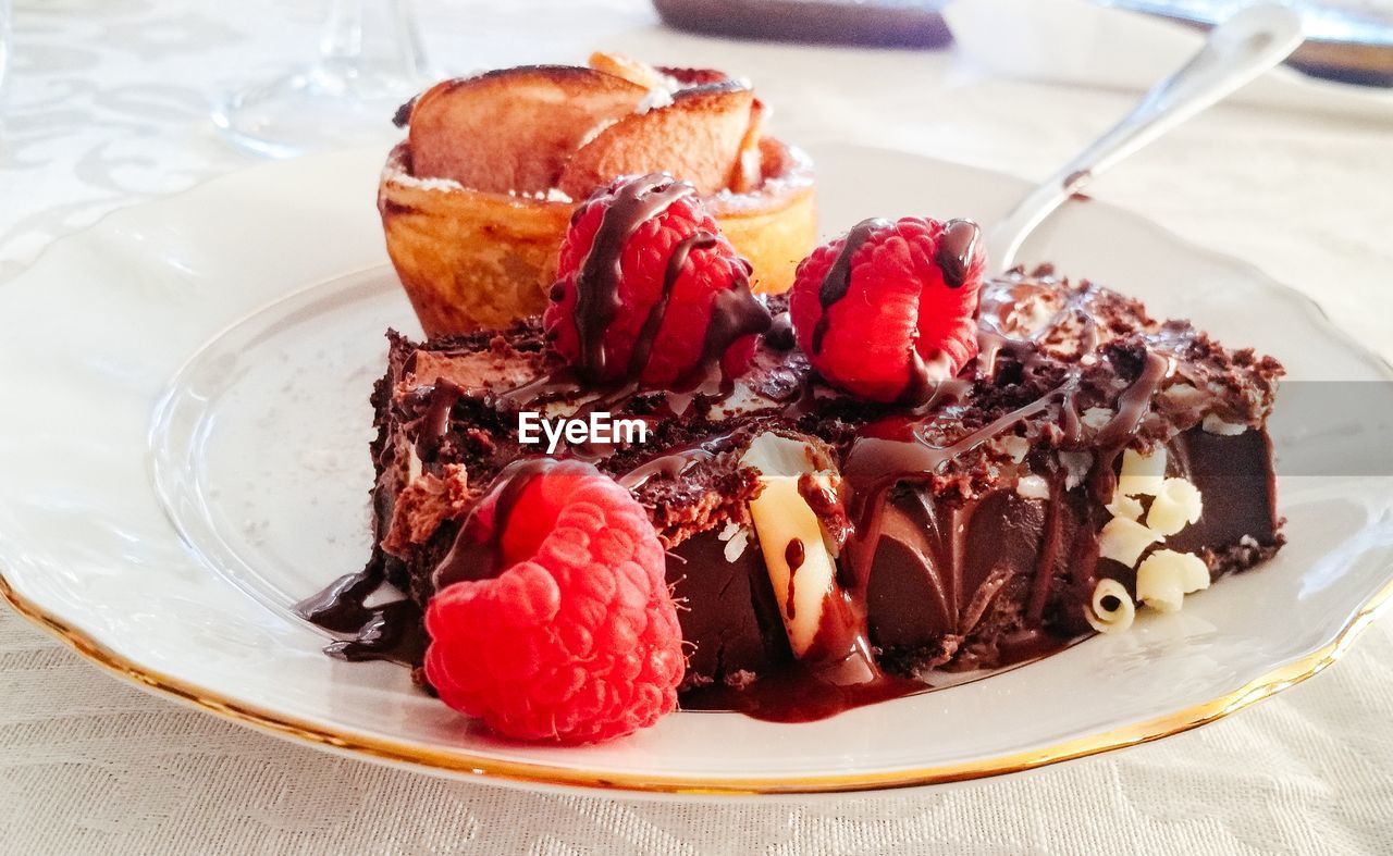 CLOSE-UP OF DESSERT IN PLATE ON TABLE