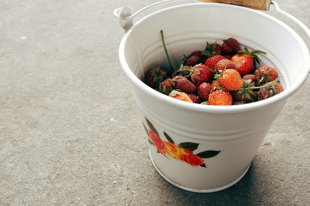 Strawberries in a white bucket