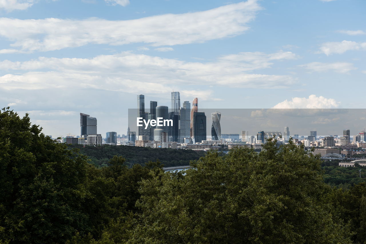 Trees and cityscape against sky