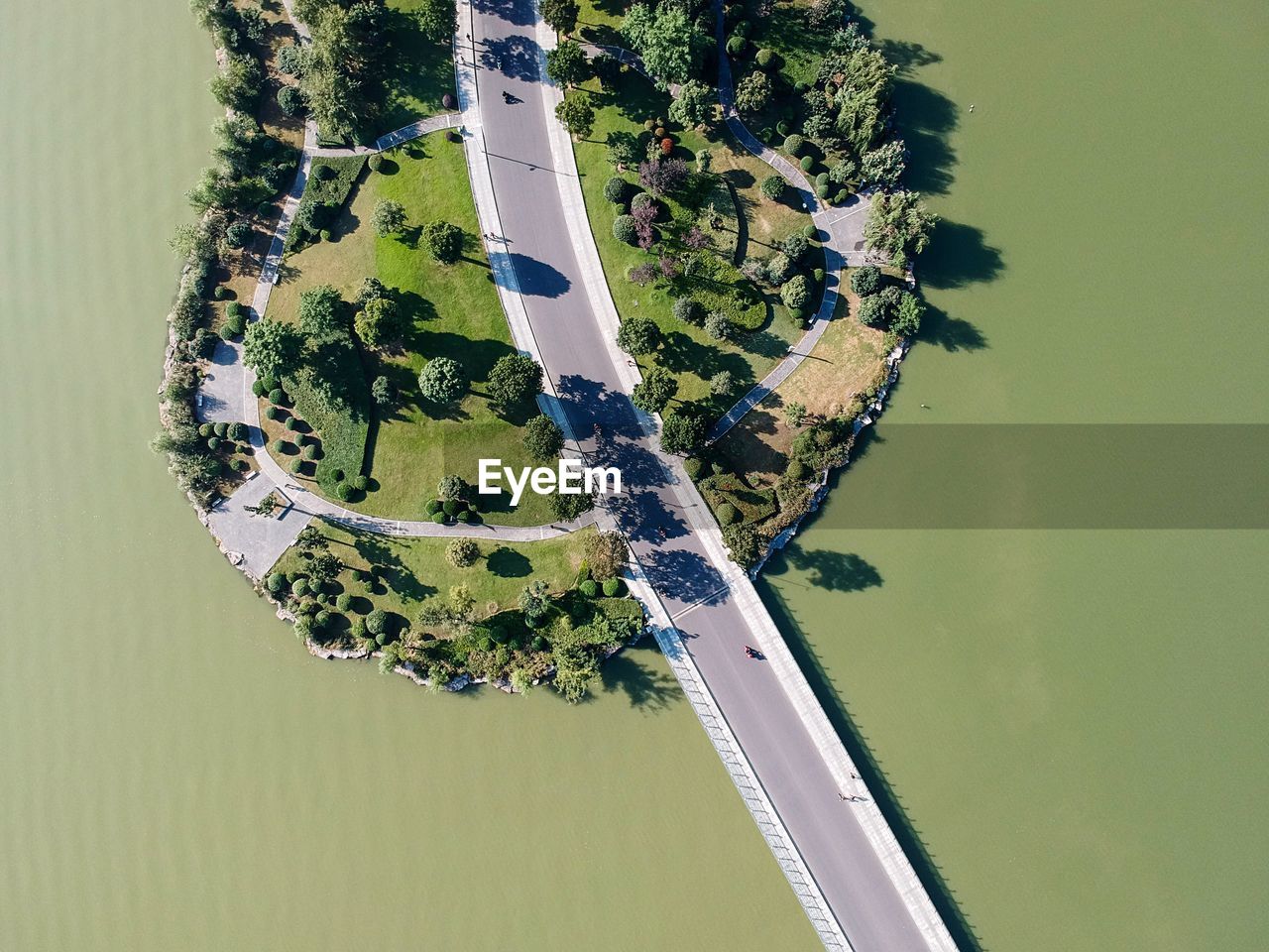 Aerial view of bridge and island over river