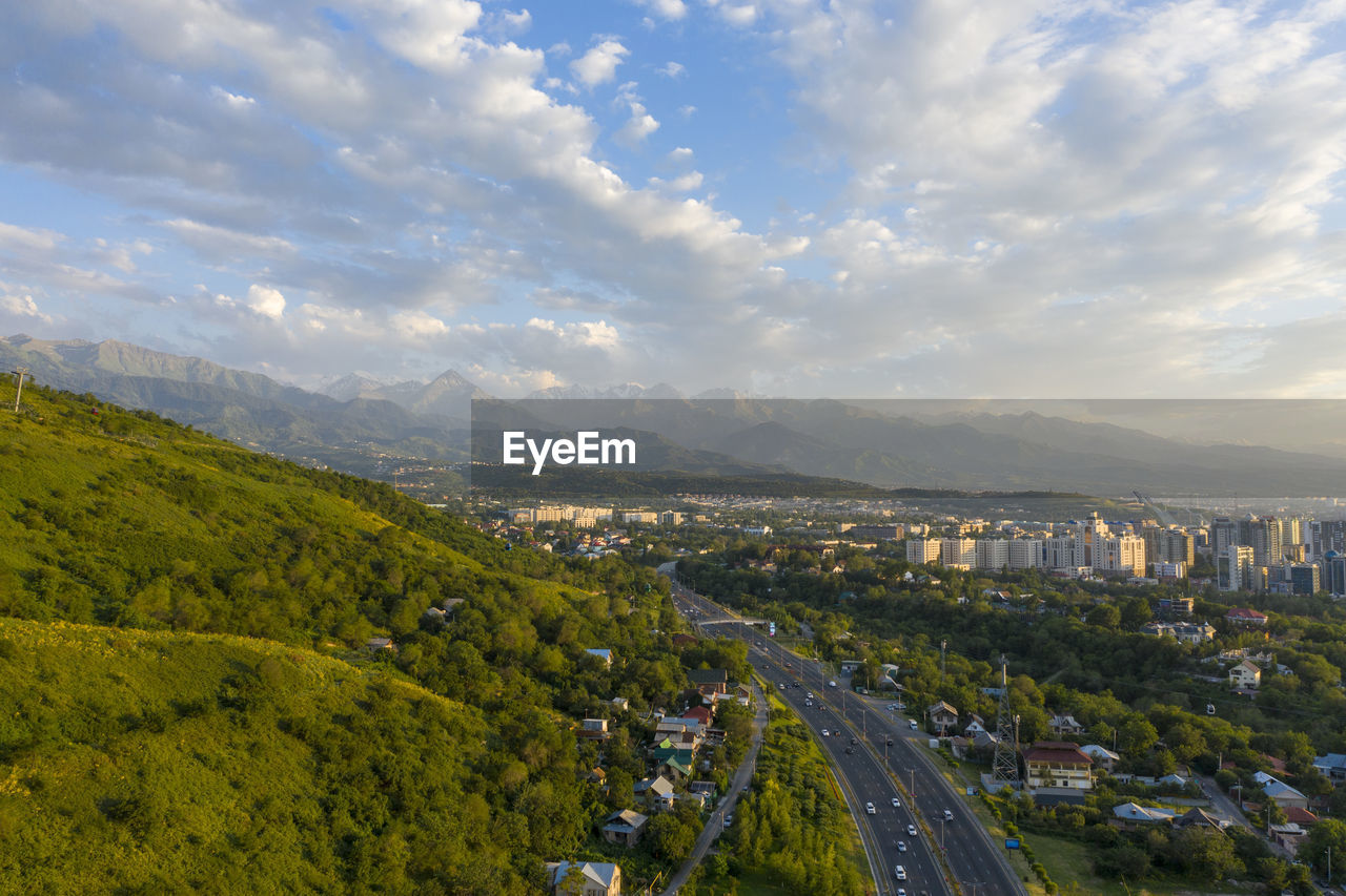 High angle view of city against sky