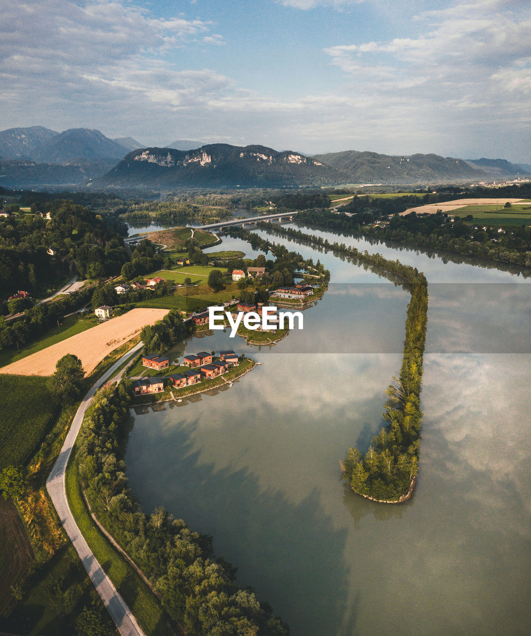 Aerial view of river flowing through landscape