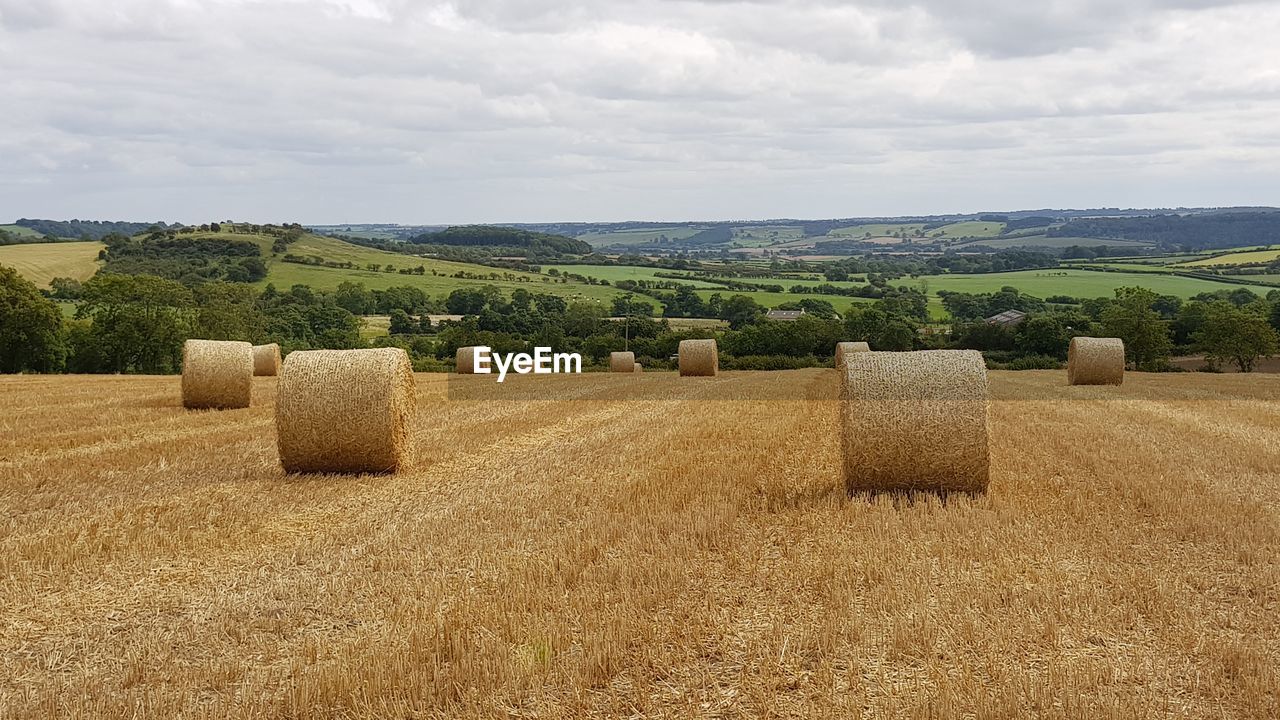 Hay bales on field against sky