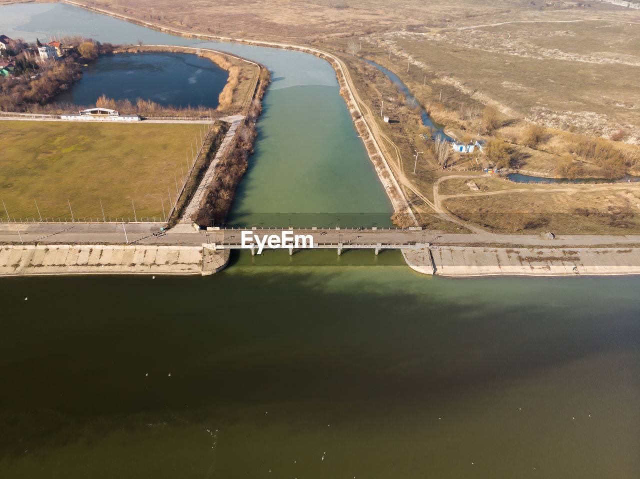 Aerial photo of the old bridge dambovita between dambovita river and morii lake , bucharest, romania