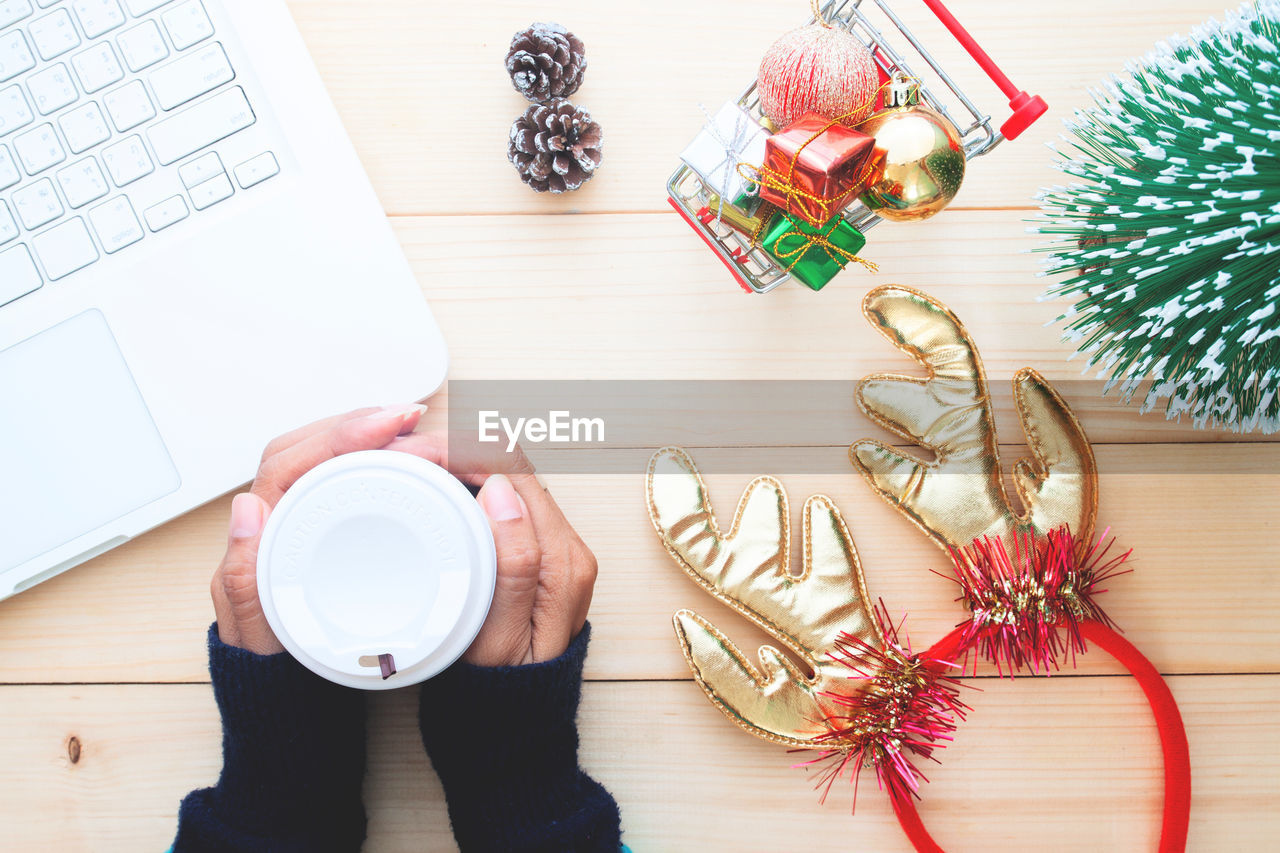 High angle view of christmas decoration on table