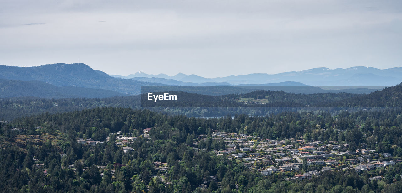 Vista with hazy mountains in background, shot on vancouver island, british columbia, canada